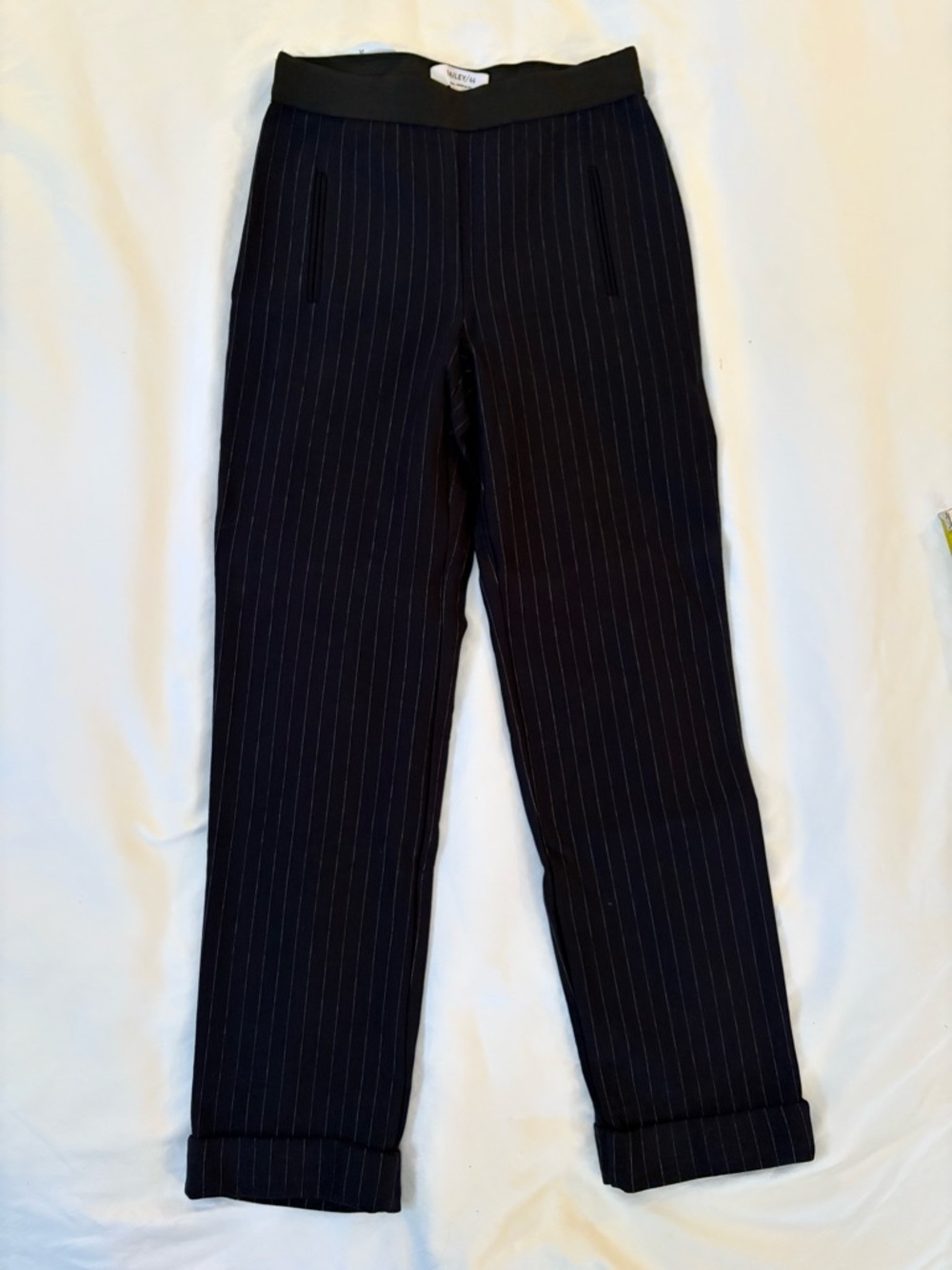 Bailey 44 Thick Stretchy Navy Pinstripe Tapered Pants Made in USA
